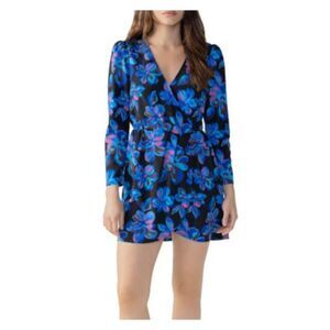 SANCTUARY Womens Blue Long Sleeve Surplice Neckline Mini Faux Wrap Dress XS